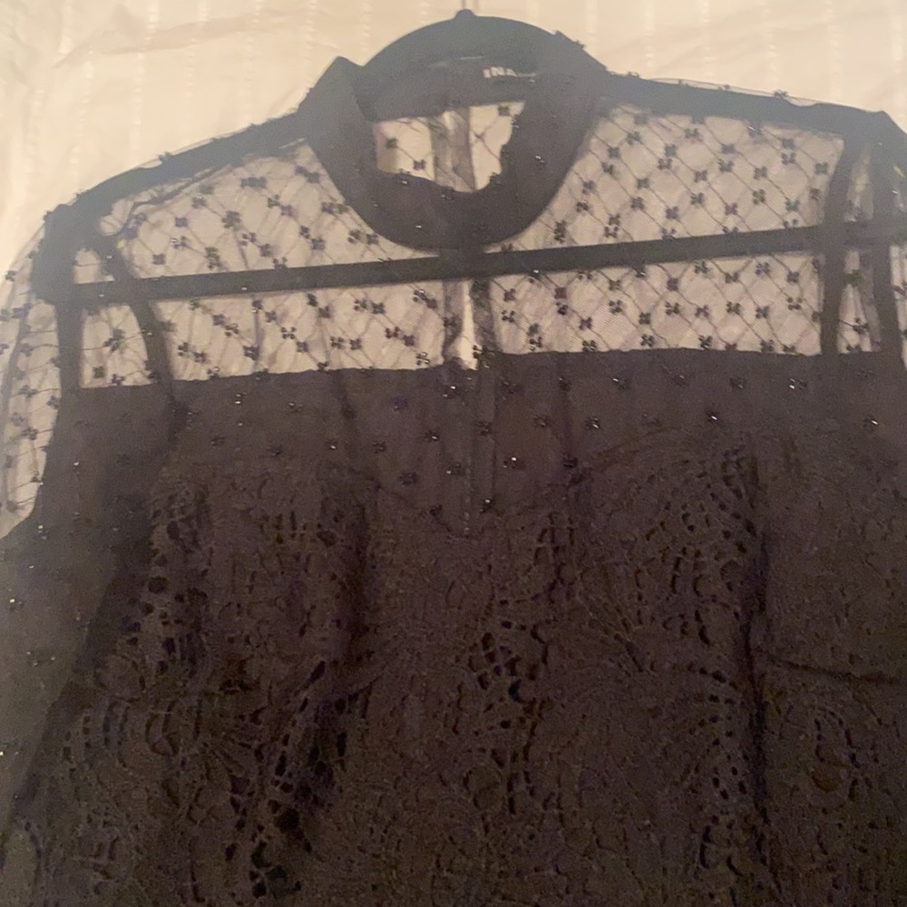 Boston proper - Ina. Peplum top with back zipper. Embellished black lace.